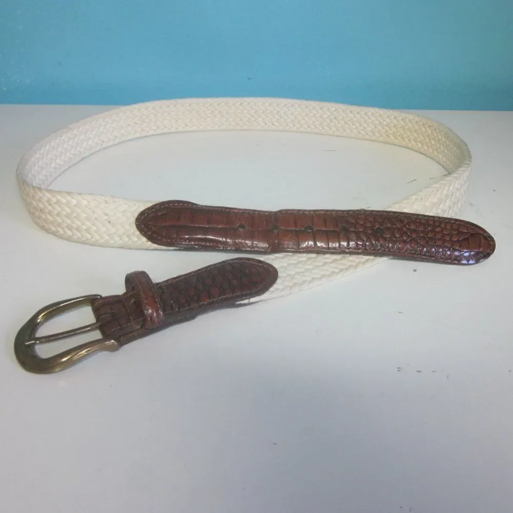 Torino Mens Size 36 Woven Cream Cotton Belt with Leather Accents & Brass Buckle